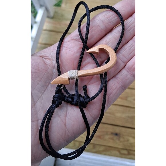Fish Hook Necklace Hand Carved Wooden Adjustable Fabric Cord - Picture 1 of 6